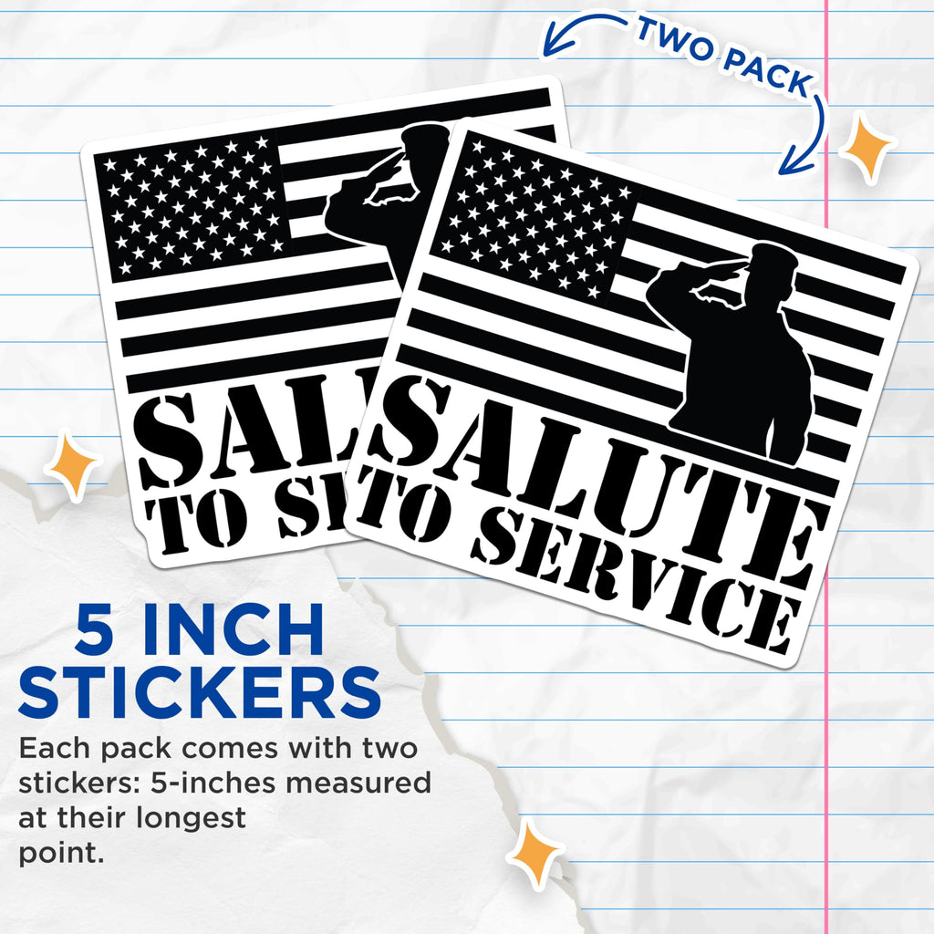 (2 Pack) Salute to Service Stickers - Military Tribute Decal - American Flag Soldier Sticker - 5" On Longest Side - Sticks to Smooth Flat Surfaces - Made in USA - BMCS5292