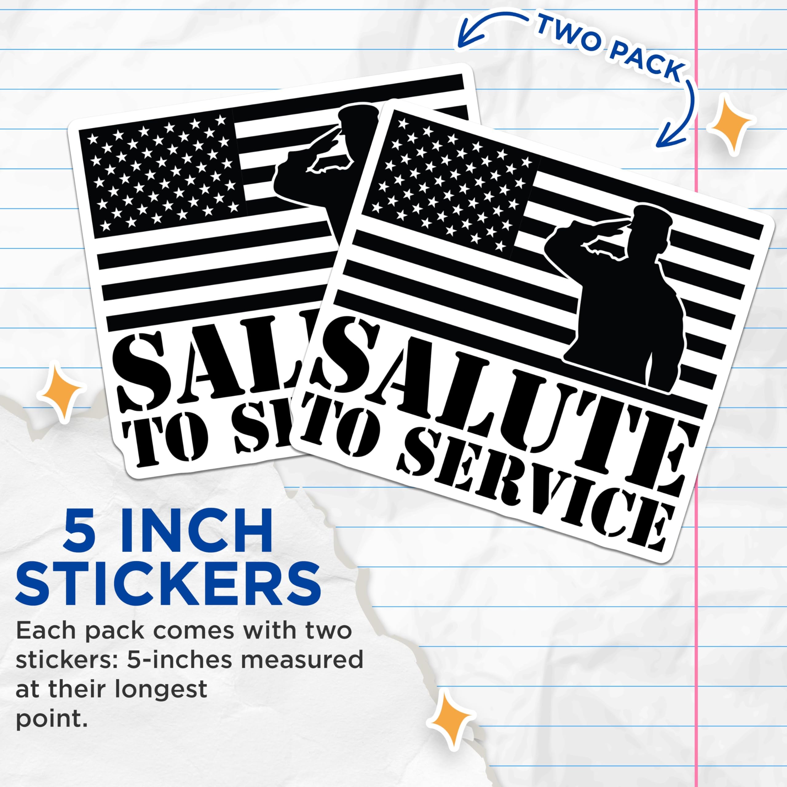 (2 Pack) Salute to Service Stickers - Military Tribute Decal - American Flag Soldier Sticker - 5" On Longest Side - Sticks to Smooth Flat Surfaces - Made in USA - BMCS5292