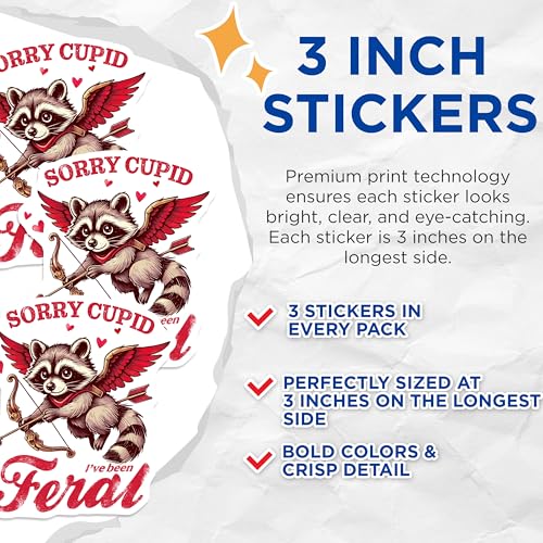 (3 Pack) Sorry Cupid Decals - Feral Raccoon - Anti Valentines Day - 3 Inches On Longest Side - Easy Peel & Apply - Made in USA - 3MCS2343