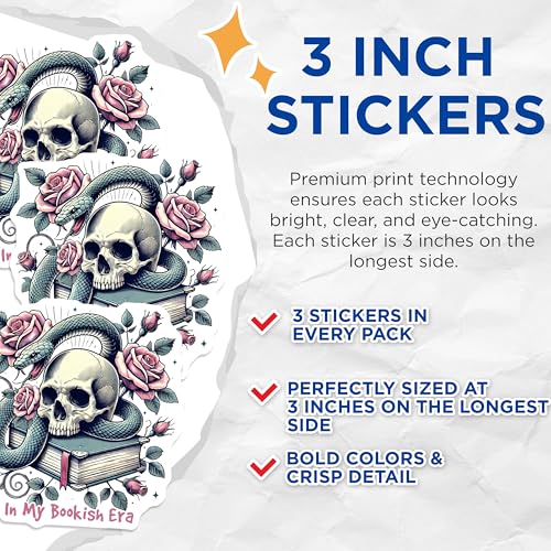 (3 Pack) Bookish Era Decals - Snake Skull Rose - Laptop Decal - Gothic Book Lover- 3 Inches On Longest Side - Easy Peel & Apply - Made in USA - 3MCS5469
