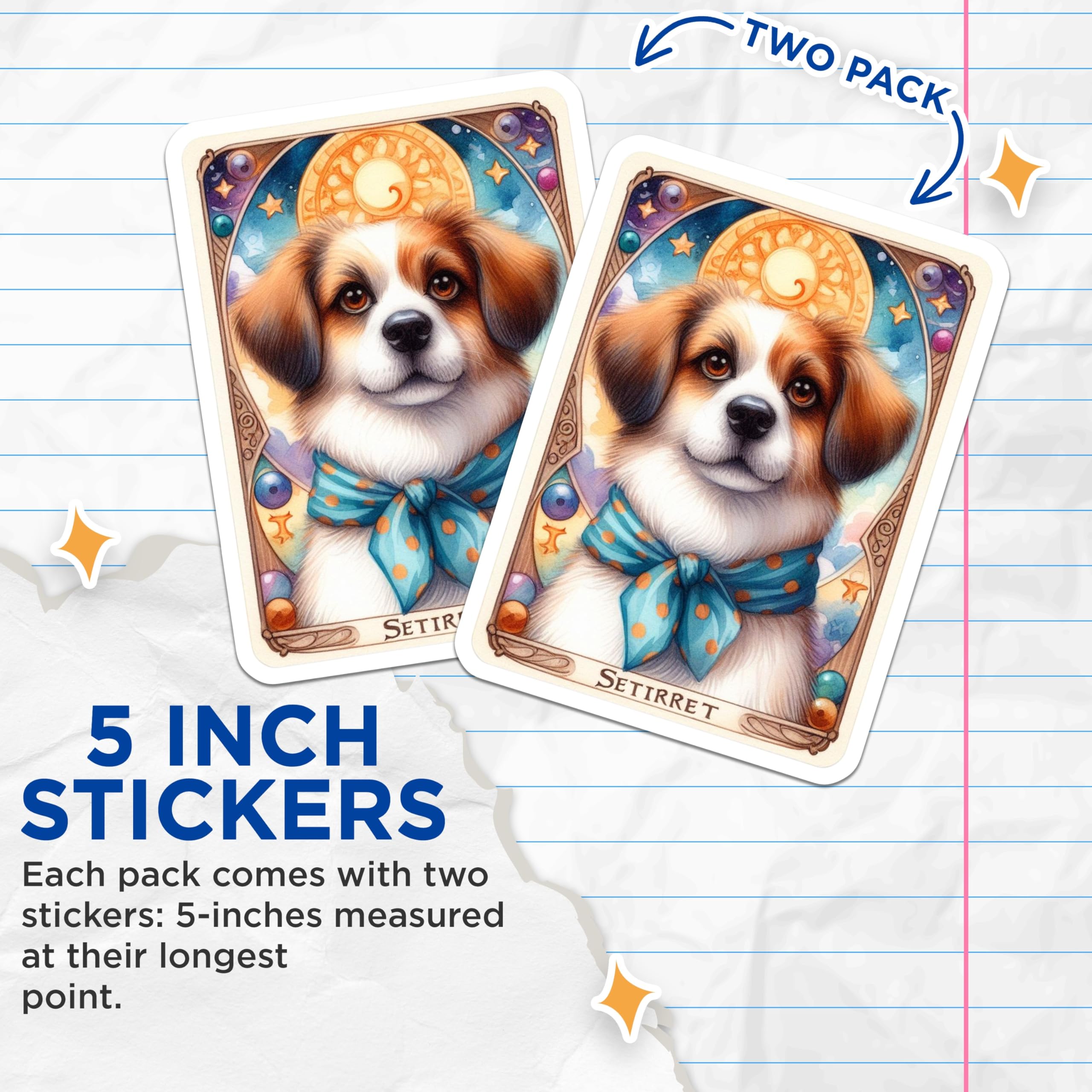 (2 Pack) Setirret Puppy Stickers - Whimsical Celestial Dog - Adorable Animal Decal - 5" On Longest Side - Sticks to Smooth Flat Surfaces - Made in USA - BMCS21680