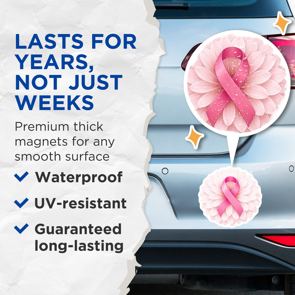 (2 Pack) Pink Ribbon Breast Cancer Awareness Magnets - Floral Support Magnet - Hope Symbol for Survivors & Fighters - 5 Inches On Longest Side - Thick Durable Magnet - Made in USA - MAG39448