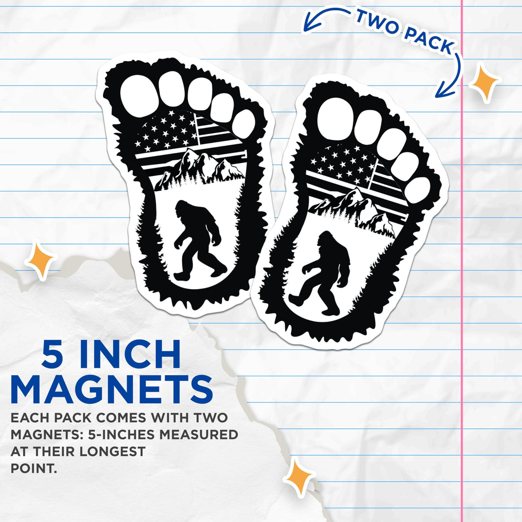 (2 Pack) Bigfoot Footprint Magnets - Sasquatch American Flag Mountains - Outdoor Adventure Decor - 5 Inches On Longest Side - Thick Durable Magnet - Made in USA - MAG22311