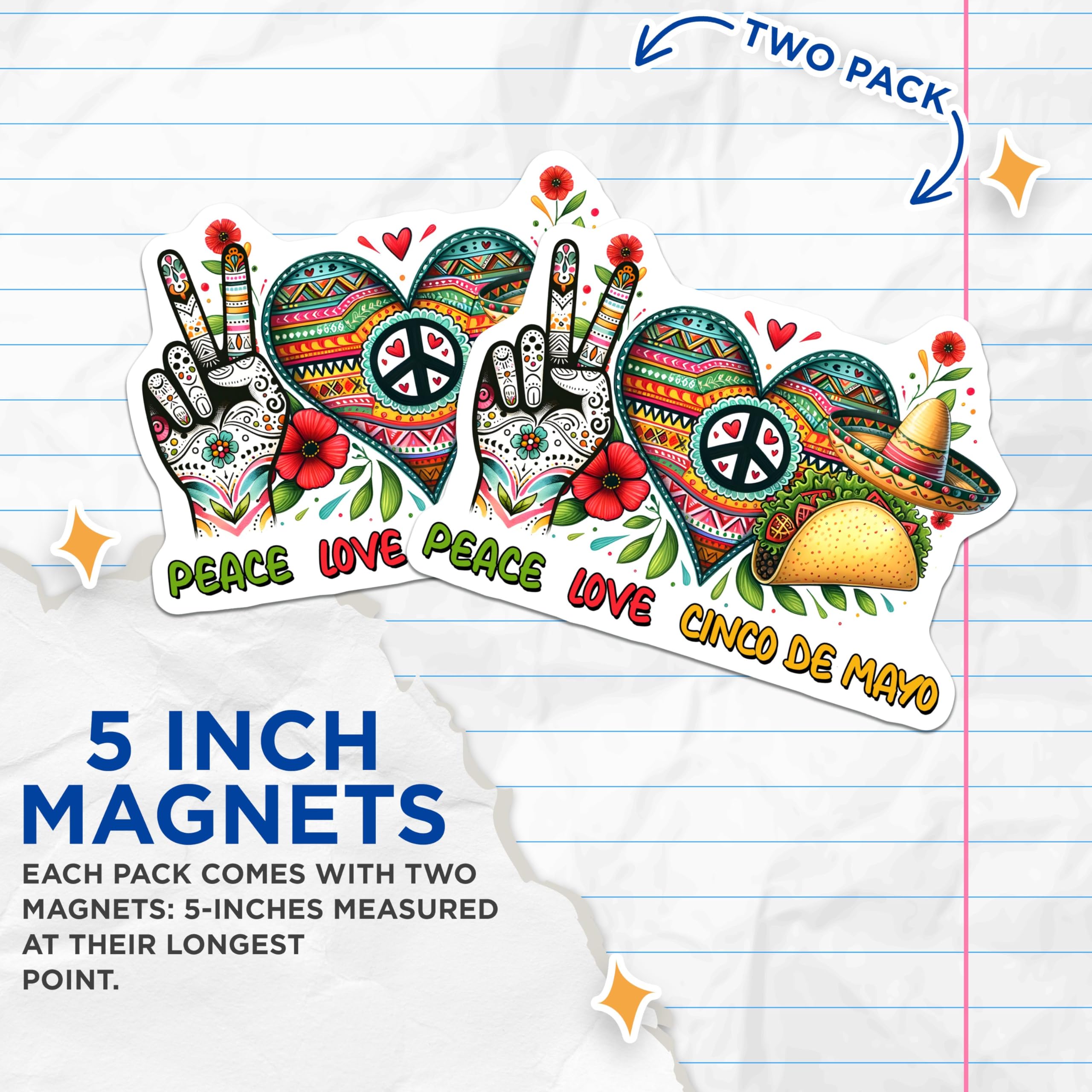 (2 Pack) Peace Love Cinco De Mayo Magnets - Cinco De Mayo Decor - Festive Decorations - 5" On Longest Side - for Cars, Fridges, Toolboxes - Made in USA - MAG8228