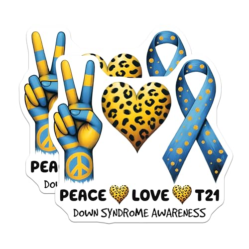 (2 Pack) Down Syndrome Awareness Stickers - Peace Love T21 - Heart Ribbon - 5" On Longest Side - Sticks to Smooth Flat Surfaces - Made in USA - BMCS8206