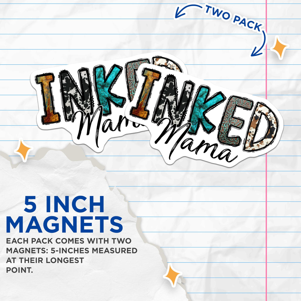 (2 Pack) Inked Mama Magnets - Western Mama Decor - Boho Cowhide Fridge Accessory - 5 Inches On Longest Side - Thick Durable Magnet - Made in USA - MAG29066