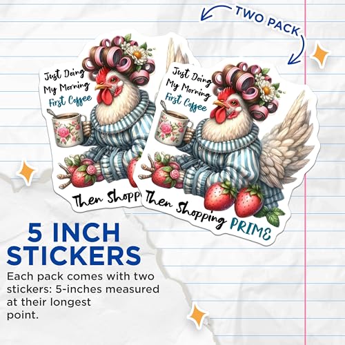 (2 Pack) Morning Coffee Rooster Stickers - Funny Chicken Stickers - Shopping Prime Humor Stickers - 5" On Longest Side - Sticks to Smooth Flat Surfaces - Made in USA - BMCS4507