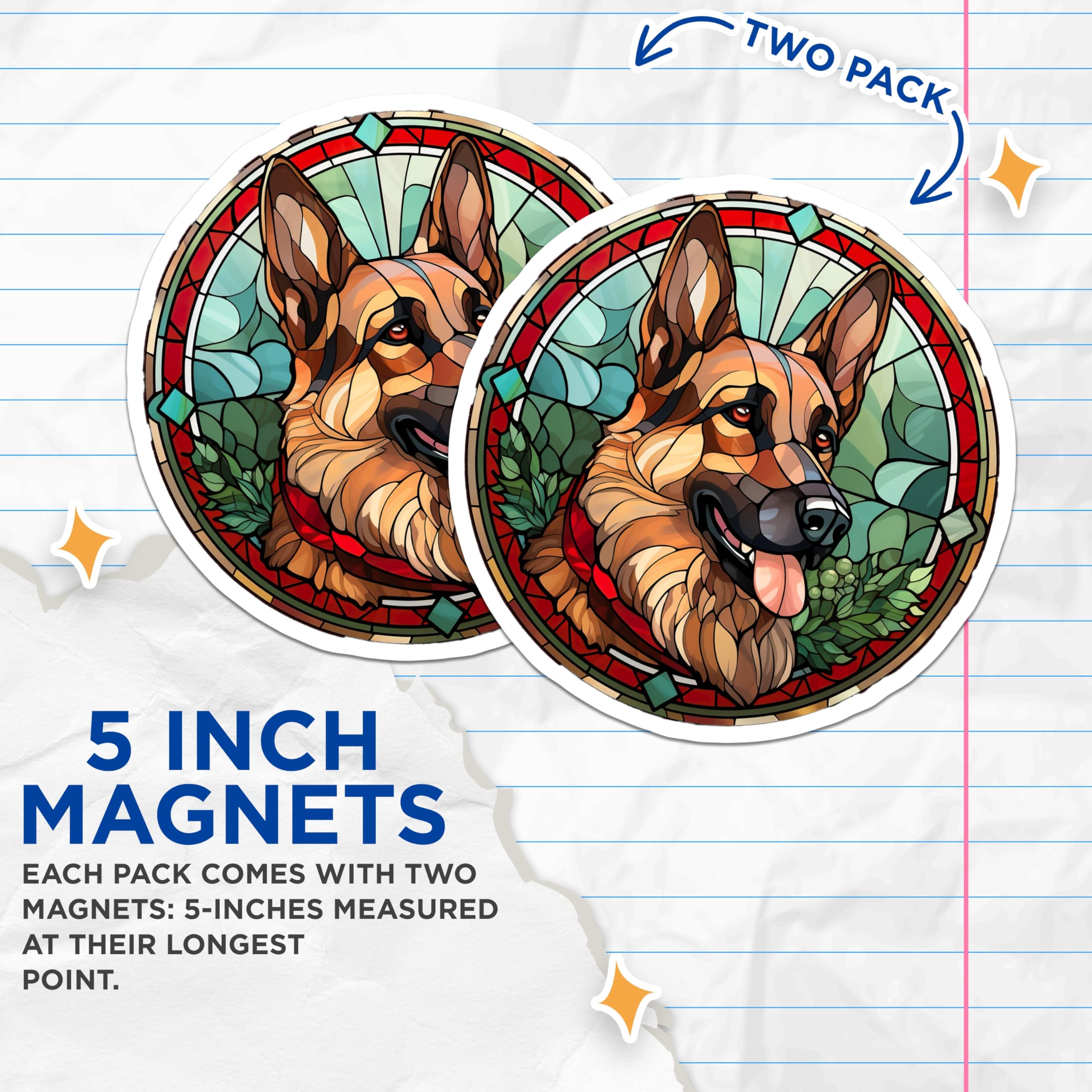 (2 Pack) German Shepherd Magnets - Stained Glass Dog Art - Dog Lover Refrigerator Decor - 5 Inches On Longest Side - Thick Durable Magnet - Made in USA - MAG25624