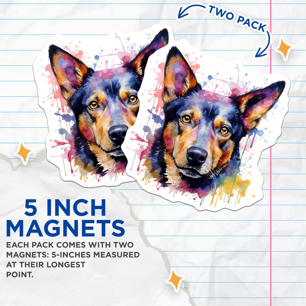 (2 Pack) Watercolor Dog Magnets - Australian Shepherd Art - Pet Lover Fridge Decor - 5 Inches On Longest Side - Thick Durable Magnet - Made in USA - MAG28405