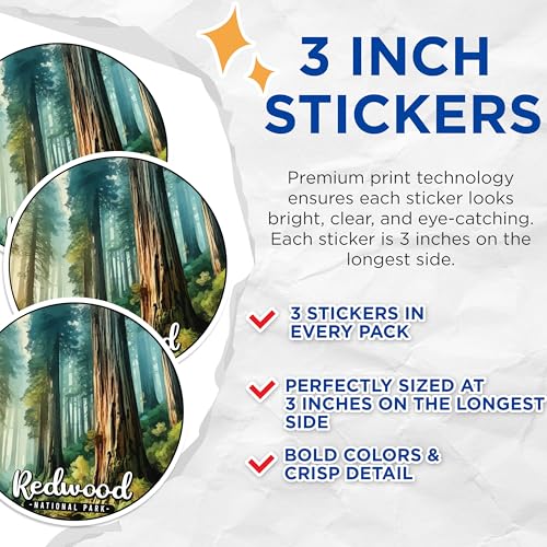 (3 Pack) Redwood Decals - National Park Stickers - Forest Laptop Decal - 3 Inches On Longest Side - Easy Peel & Apply - Made in USA - 3MCS0514