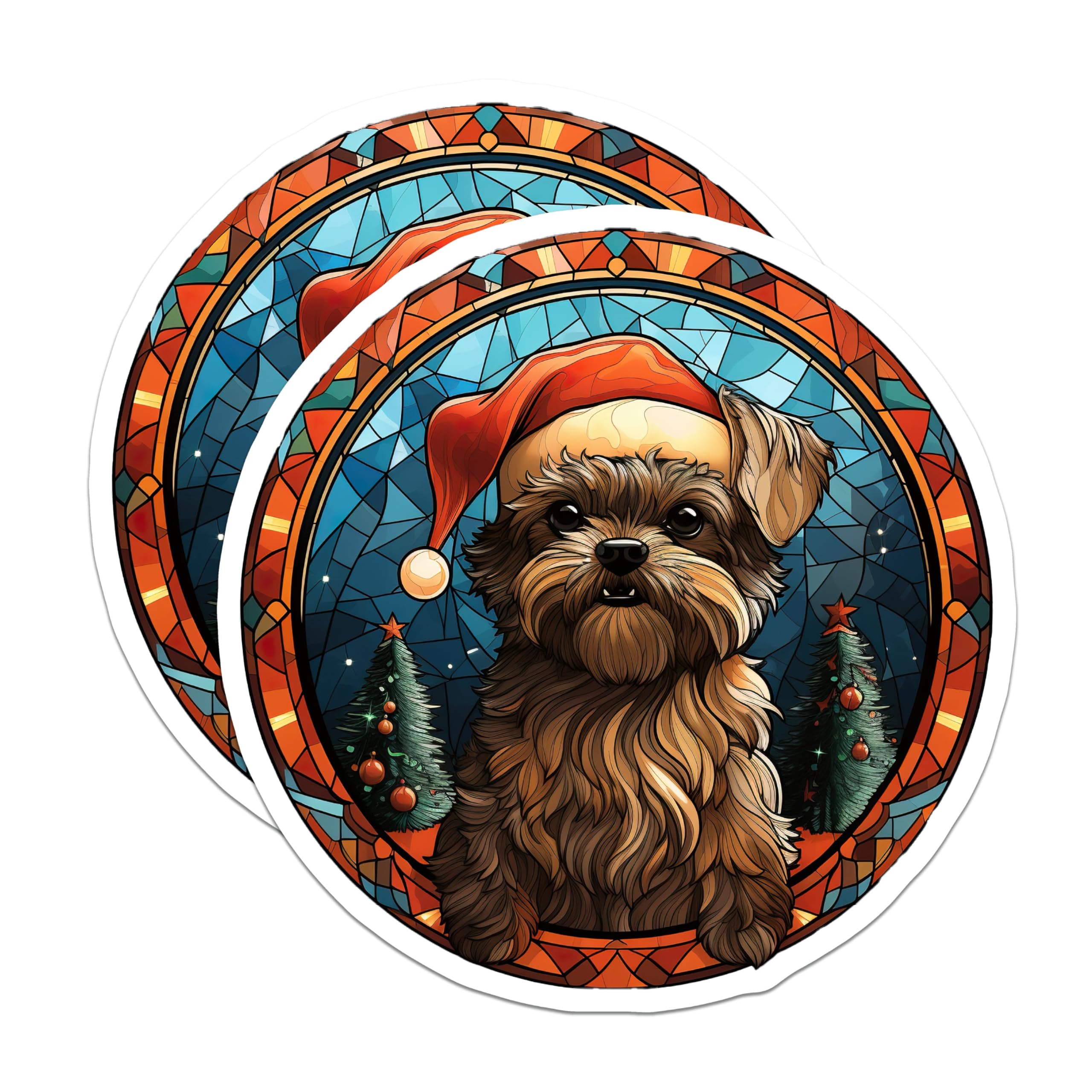 (2 Pack) Christmas Dog Magnets - Yorkie Santa Hat Stained Glass Decor - Holiday Pet Lover Refrigerator Magnets - 5 Inches On Longest Side - Thick Durable Magnet - Made in USA - MAG26788