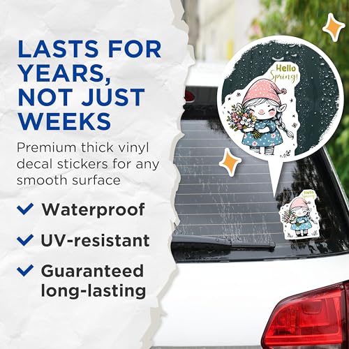 (2 Pack) Hello Spring Stickers - Cute Gnome Art - Floral Bouquet - 5" On Longest Side - Sticks to Smooth Flat Surfaces - Made in USA - BMCS8000