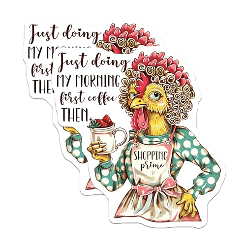 (2 Pack) Funny Coffee Chicken Stickers - Cute Animal Decal - Morning Routine Quote Sticker - 5" On Longest Side - Sticks to Smooth Flat Surfaces - Made in USA - BMCS4367