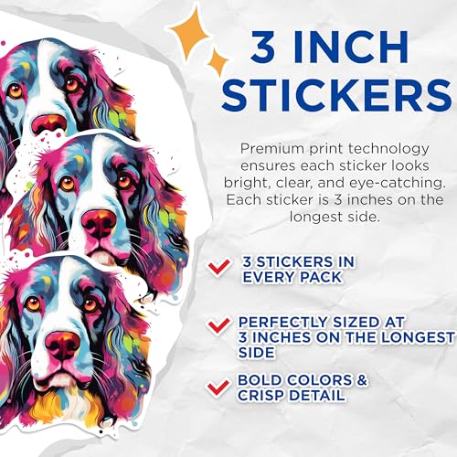 (3 Pack) Colorful Dog Decals - Springer Spaniel Art - Laptop Decal - 3 Inches On Longest Side - Easy Peel & Apply - Made in USA - 3MCS0727