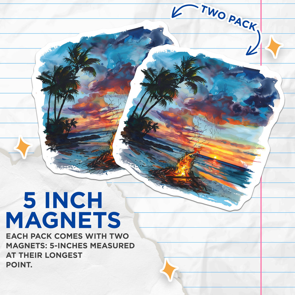 (2 Pack) Beach Bonfire Magnets - Sunset Ocean Art - Tropical Palm Tree Scene - Coastal Decor - Refrigerator Locker Magnet - 5 Inches On Longest Side - Thick Durable Magnet - Made in USA - MAG36965