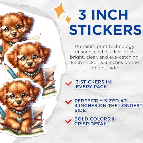 (3 Pack) Smart Puppy Decals - Cute Dog with Glasses - Book Lover Decals - 3 Inches On Longest Side - Easy Peel & Apply - Made in USA - 3MCS8156