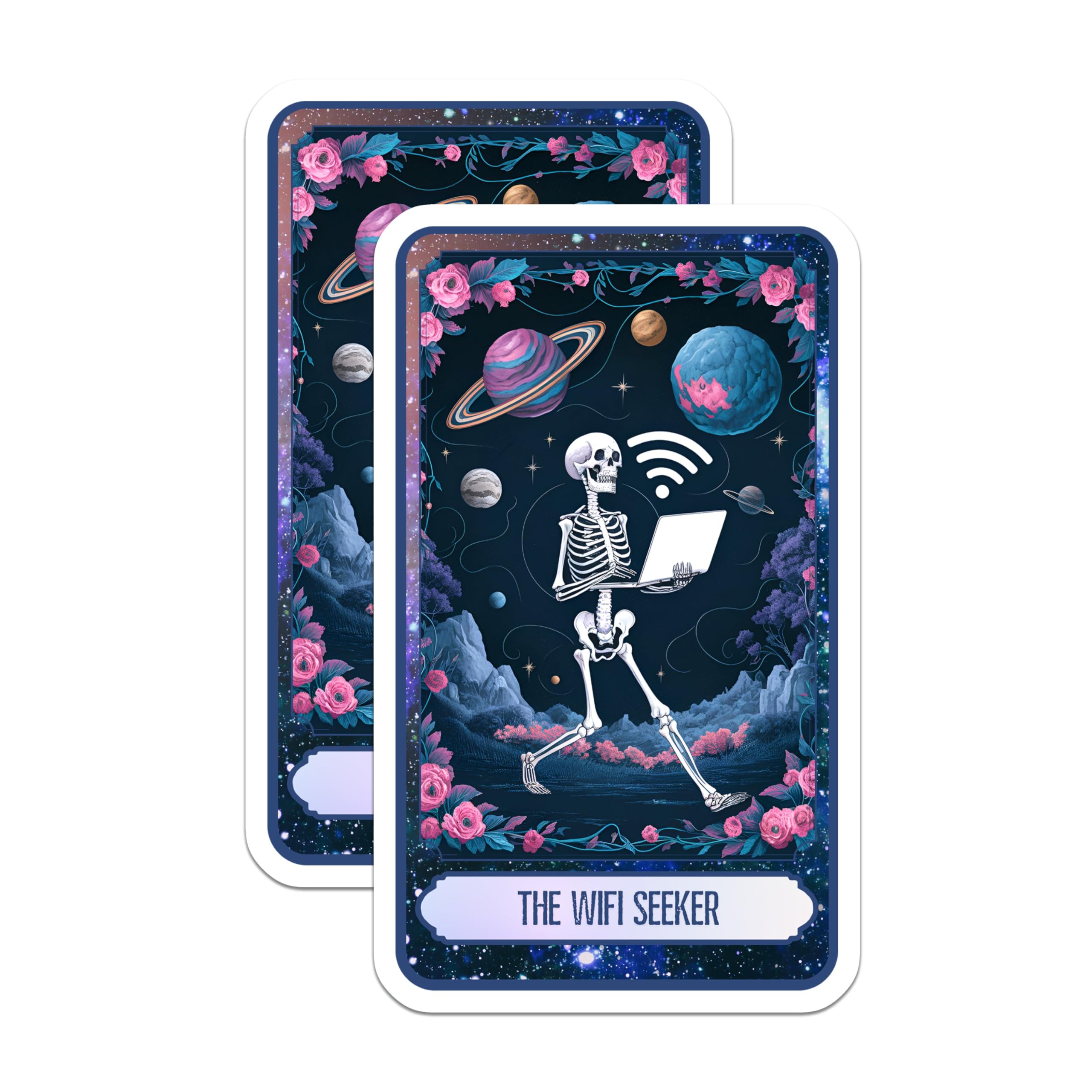 (2 Pack) The WiFi Seeker Stickers - Skeleton Laptop - Cosmic Space Art - 5" On Longest Side - Sticks to Smooth Flat Surfaces - Made in USA - BMCS9984