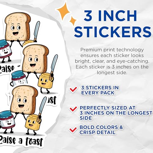 (3 Pack) Raise A Toast Decals - Food Pun Decals - Funny Foodie Stickers - 3 Inches On Longest Side - Easy Peel & Apply - Made in USA - 3MCS6387