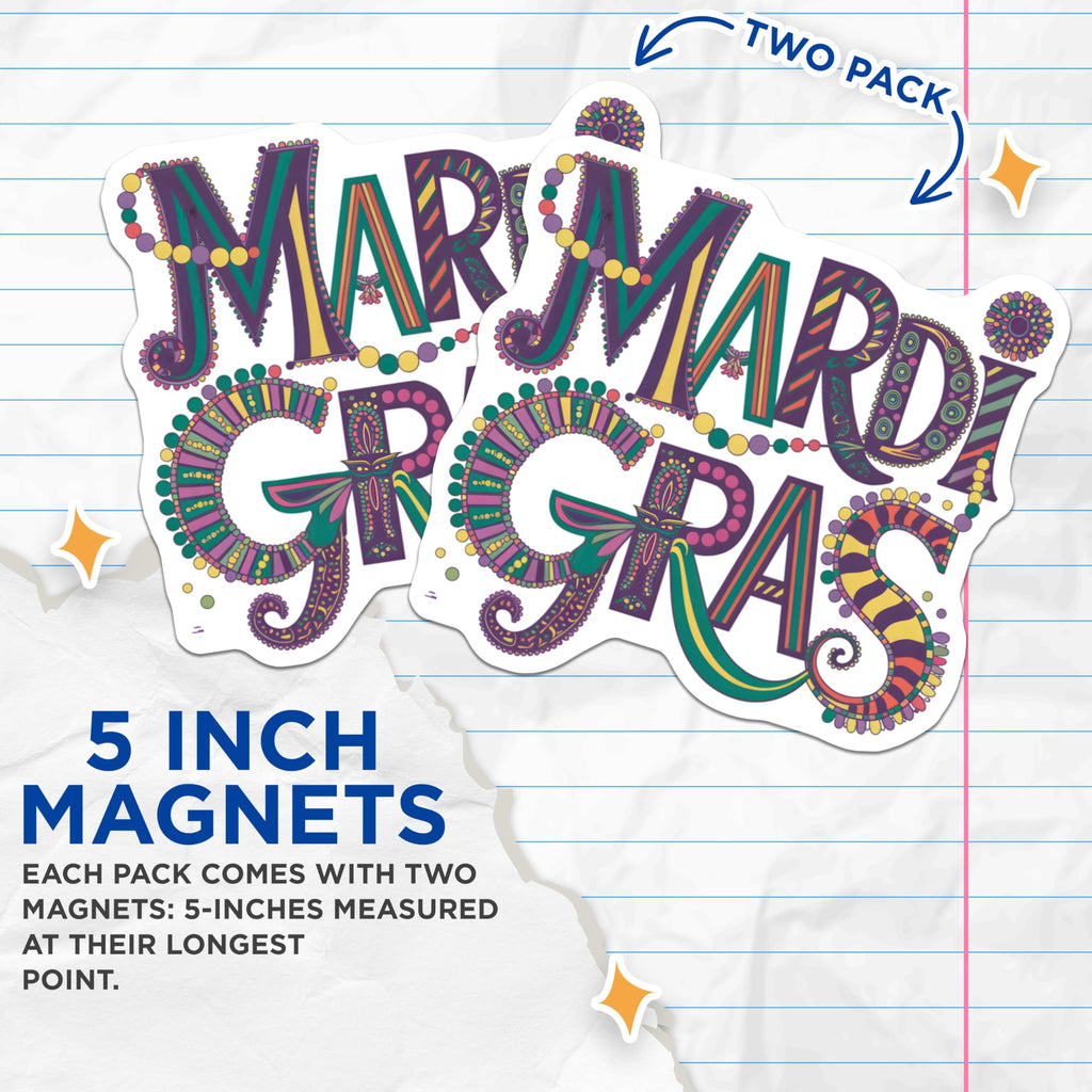 (2 Pack) Mardi Gras Magnets - Festive Party Decor - Celebration Theme - 5" On Longest Side - Premium Magnet - for Cars, Refrigerators, Toolboxes, Lockers - Made in USA - MAG15568