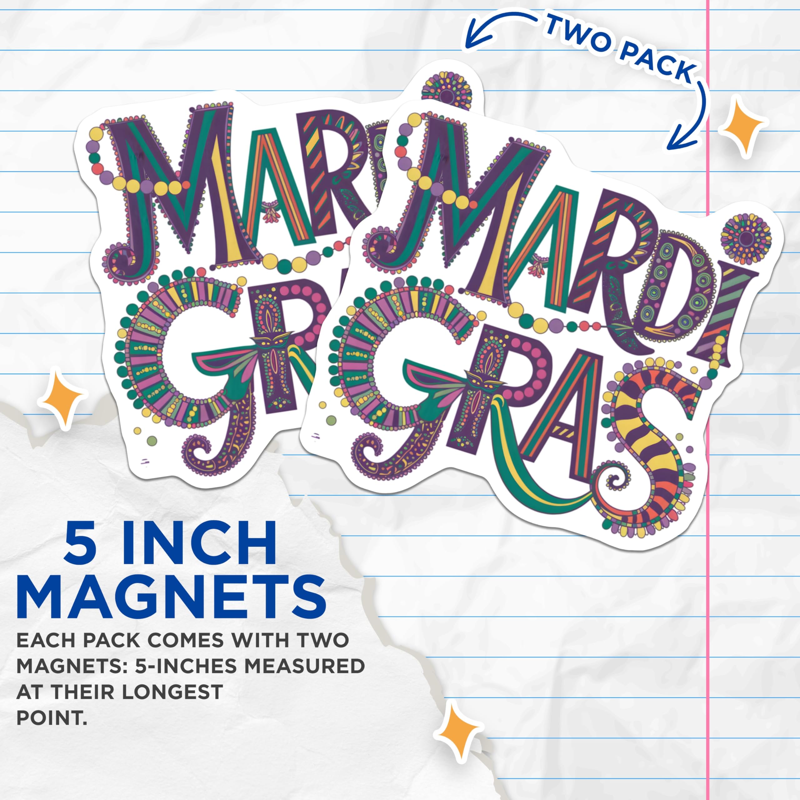 (2 Pack) Mardi Gras Magnets - Festive Party Decor - Celebration Theme - 5" On Longest Side - Premium Magnet - for Cars, Refrigerators, Toolboxes, Lockers - Made in USA - MAG15568