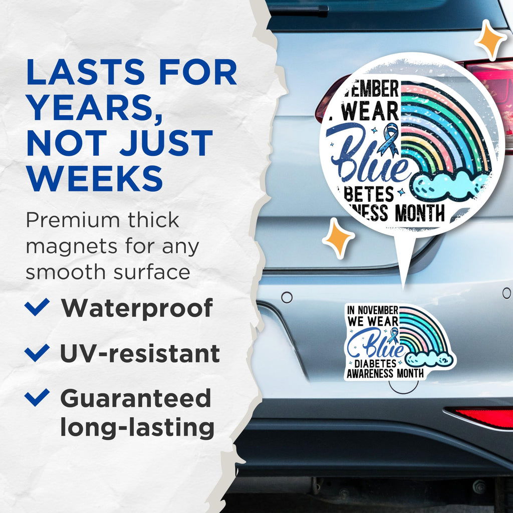 (2 Pack) Diabetes Awareness Month Magnets - Wear Blue in November - Rainbow Design - 5" On Longest Side - for Cars, Fridges, Toolboxes - Made in USA - MAG3828