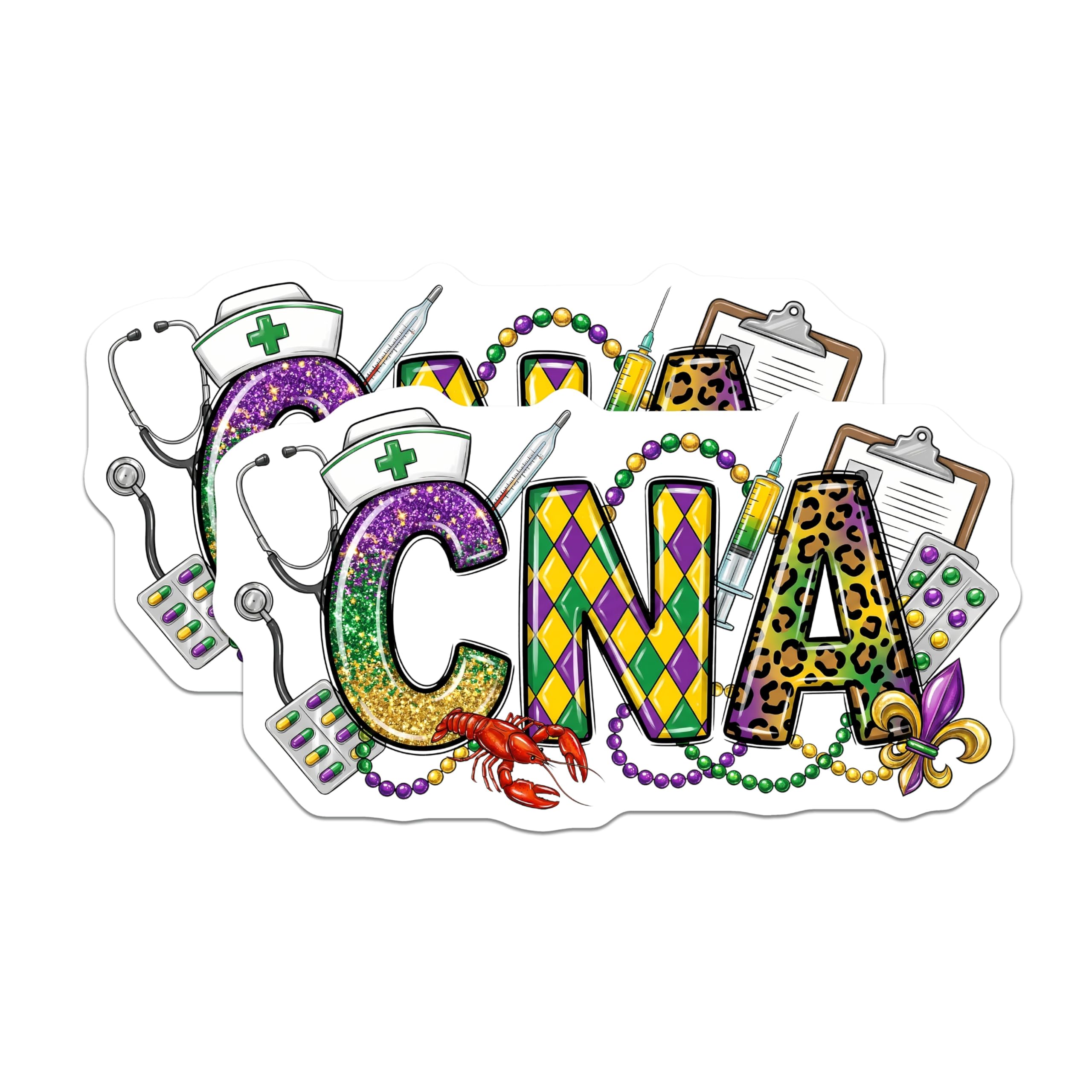 (2 Pack) CNA Stickers - Mardi Gras Nurse - Healthcare Worker Appreciation - 5" On Longest Side - Sticks to Smooth Flat Surfaces - Made in USA - BMCS15906