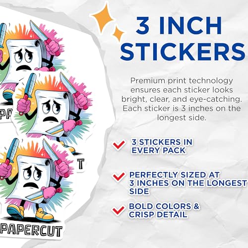 (3 Pack) Papercut Decals - Cartoon Paper - Sad Paper Decals - 3 Inches On Longest Side - Easy Peel & Apply - Made in USA - 3MCS6395