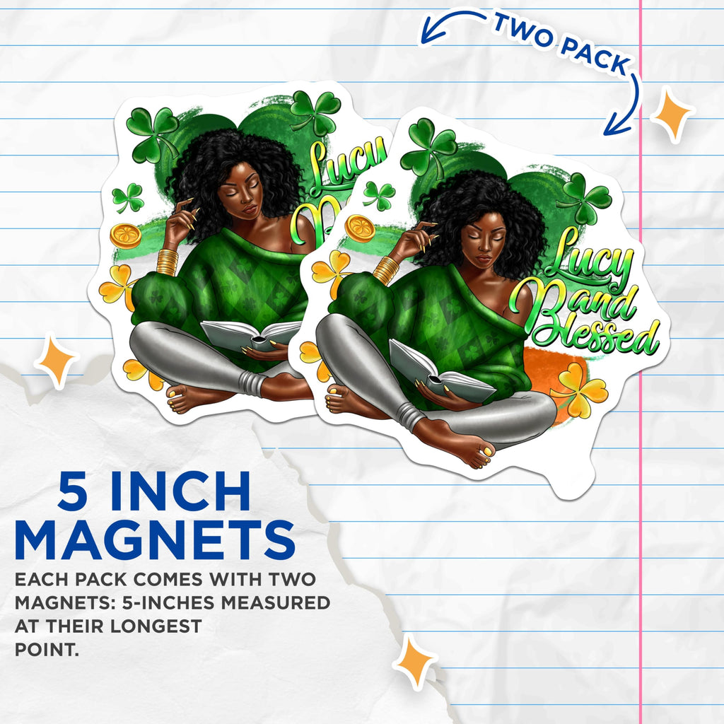 (2 Pack) Lucky Blessed Magnets - St Patricks Day Decor - Black Woman Reading - Afrocentric Magnets - 5 Inches On Longest Side - Thick Durable Magnet - Made in USA - MAG29304