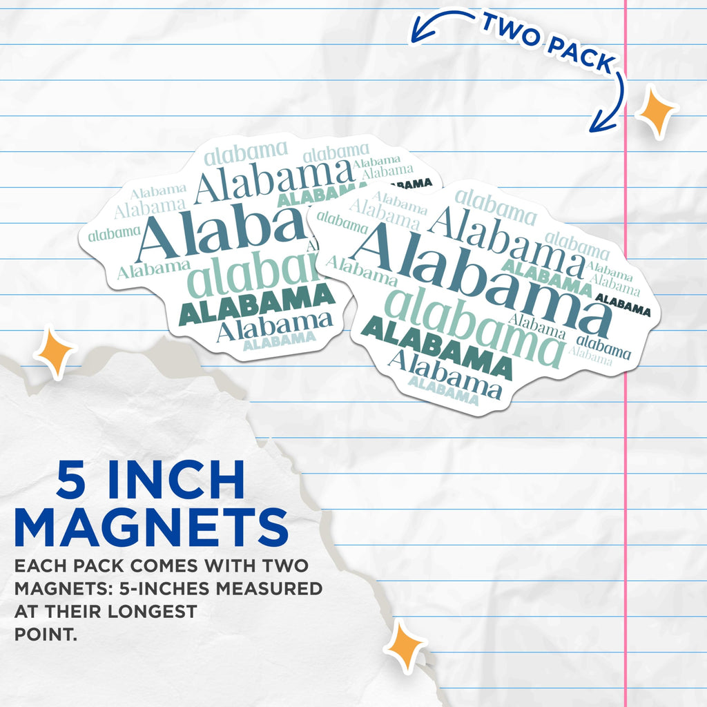 (2 Pack) Alabama State Magnets - Alabama Word Art - State Pride Fridge Magnets - 5" On Longest Side - Premium Magnet - for Cars, Refrigerators, Toolboxes, Lockers - Made in USA - MAG18040