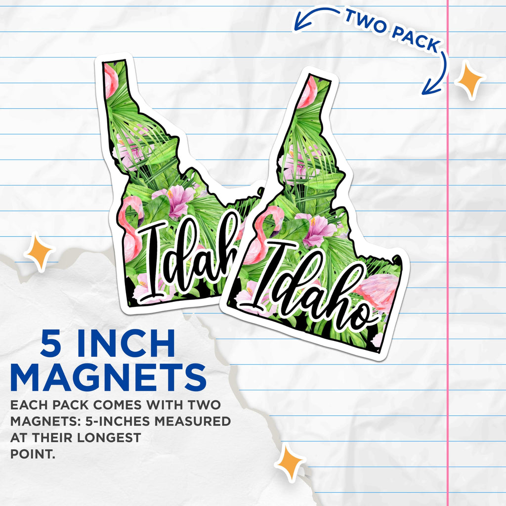 (2 Pack) Idaho Magnets - Tropical Flamingo Design - Pink Hibiscus Flowers - Exotic Palm Leaves - State Map Souvenir - 5 Inches On Longest Side - Thick Durable Magnet - Made in USA - MAG20128