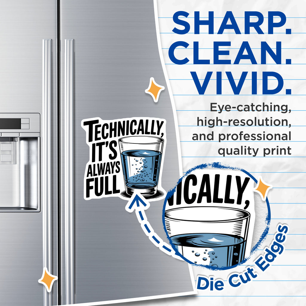 (2 Pack) Technically Always Full Magnets - Glass Half Full Optimist - Science Humor Clever Saying - 5 Inches On Longest Side - Thick Durable Magnet - Made in USA - MAG36932