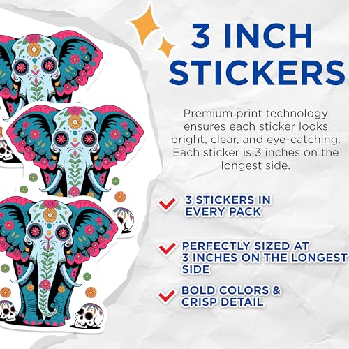 (3 Pack) Elephant Sugar Skull Decals - Day of The Dead Sticker - Laptop Decals - 3 Inches On Longest Side - Easy Peel & Apply - Made in USA - 3MCS8227