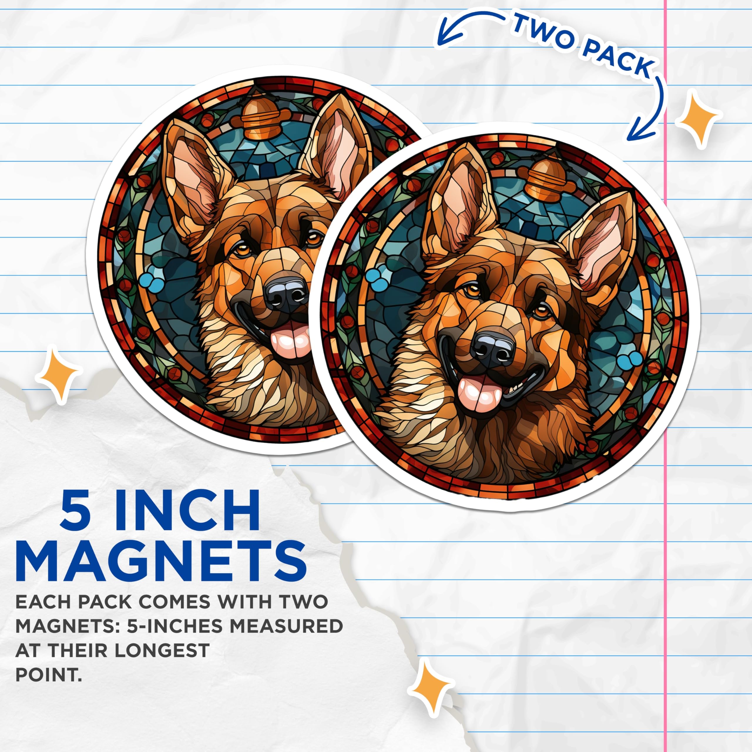 (2 Pack) German Shepherd Magnets - Stained Glass Dog Art - GSD Pet Lover Kitchen Fridge Locker Decor - 5 Inches On Longest Side - Thick Durable Magnet - Made in USA - MAG25767