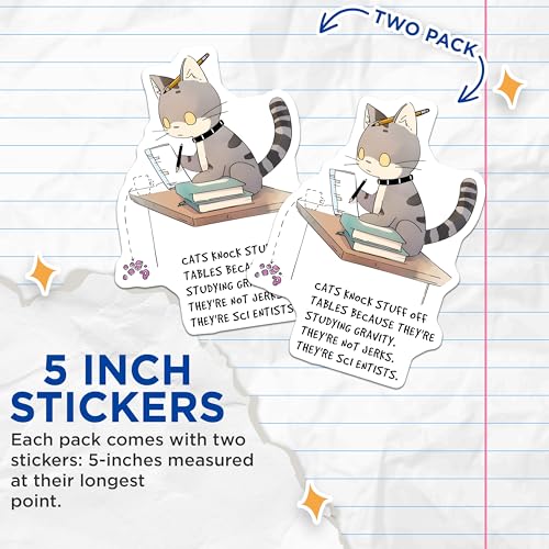 (2 Pack) Funny Cat Scientist Stickers - Cute Cat Jokes - Science Humor - 5" On Longest Side - Sticks to Smooth Flat Surfaces - Made in USA - BMCS7824