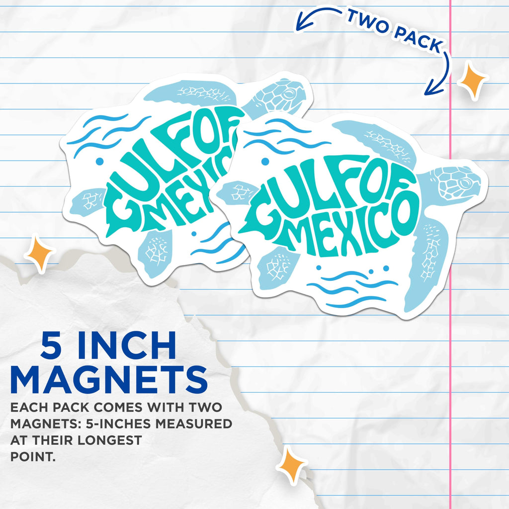 (2 Pack) Gulf of Mexico Magnets - Sea Turtle Souvenir - Coastal Decor Fridge Magnets - 5" On Longest Side - Premium Magnet - for Cars, Refrigerators, Toolboxes, Lockers - Made in USA - MAG18225