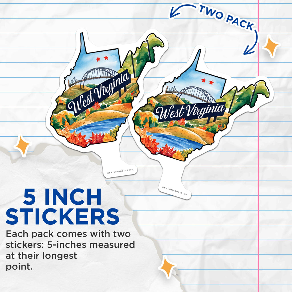 (2 Pack) West Virginia State Stickers - Travel Souvenir - Scenic Outdoors - Nature Lovers - 5" On Longest Side - Sticks to Smooth Flat Surfaces - Made in USA - BMCS6308