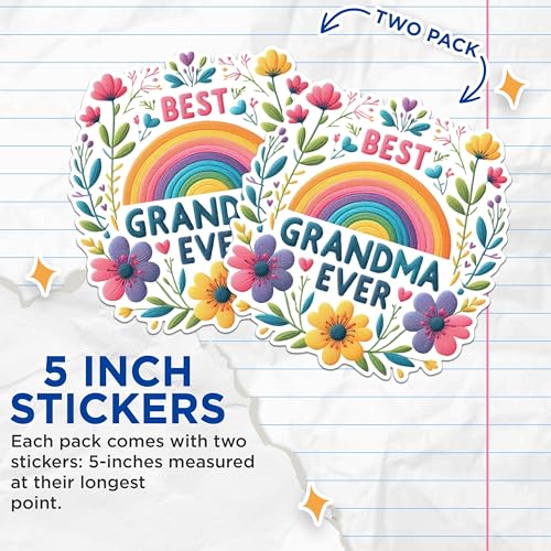 (2 Pack) Best Grandma Ever Stickers - Rainbow Flower Design Grandma Stickers - Floral Grandma Decal - 5" On Longest Side - Sticks to Any Smooth Flat Surface - Made in USA - BMCS2940