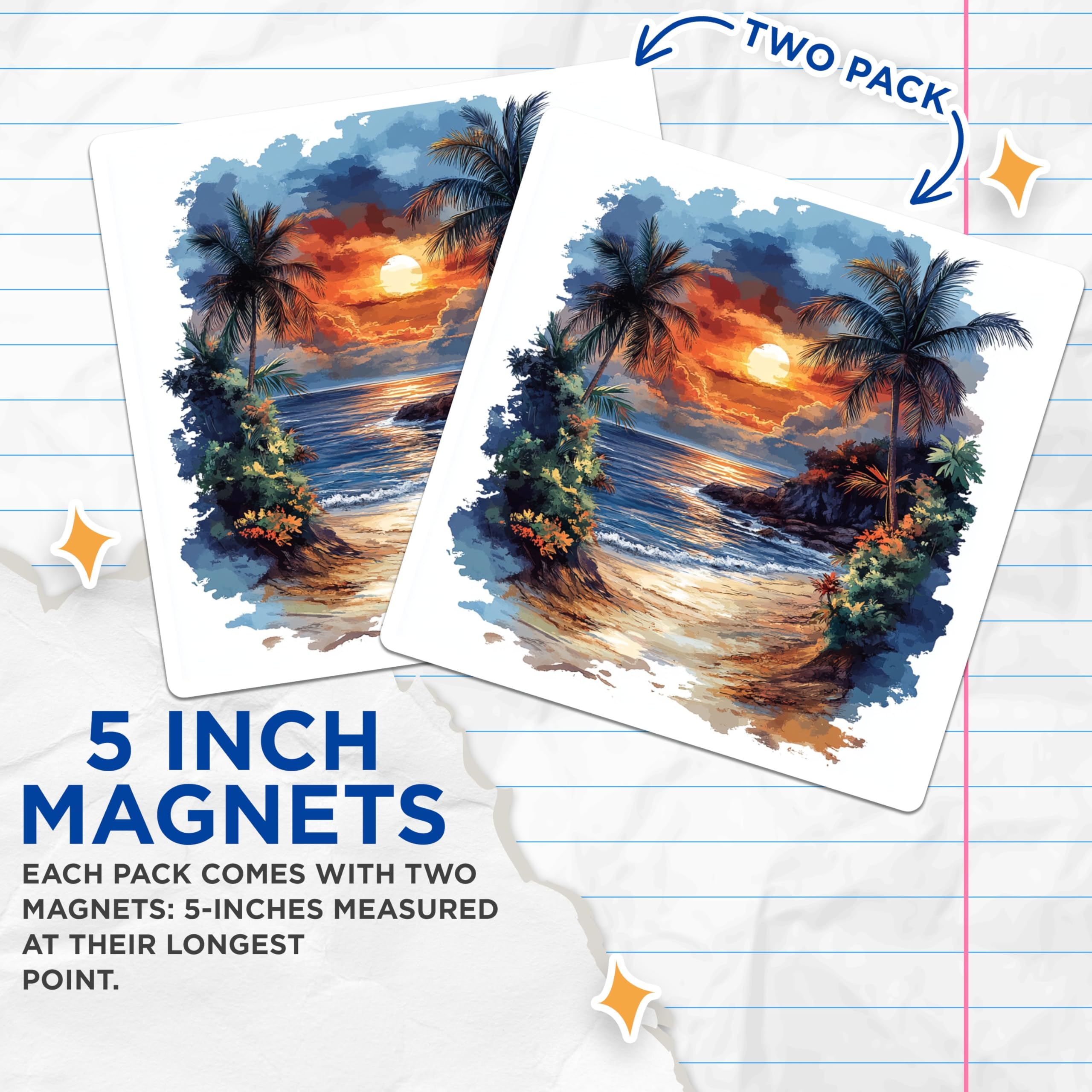 (2 Pack) Tropical Sunset Magnets - Palm Tree Beach Scene - Ocean Waves Home Decor - 5 Inches On Longest Side - Thick Durable Magnet - Made in USA - MAG25859