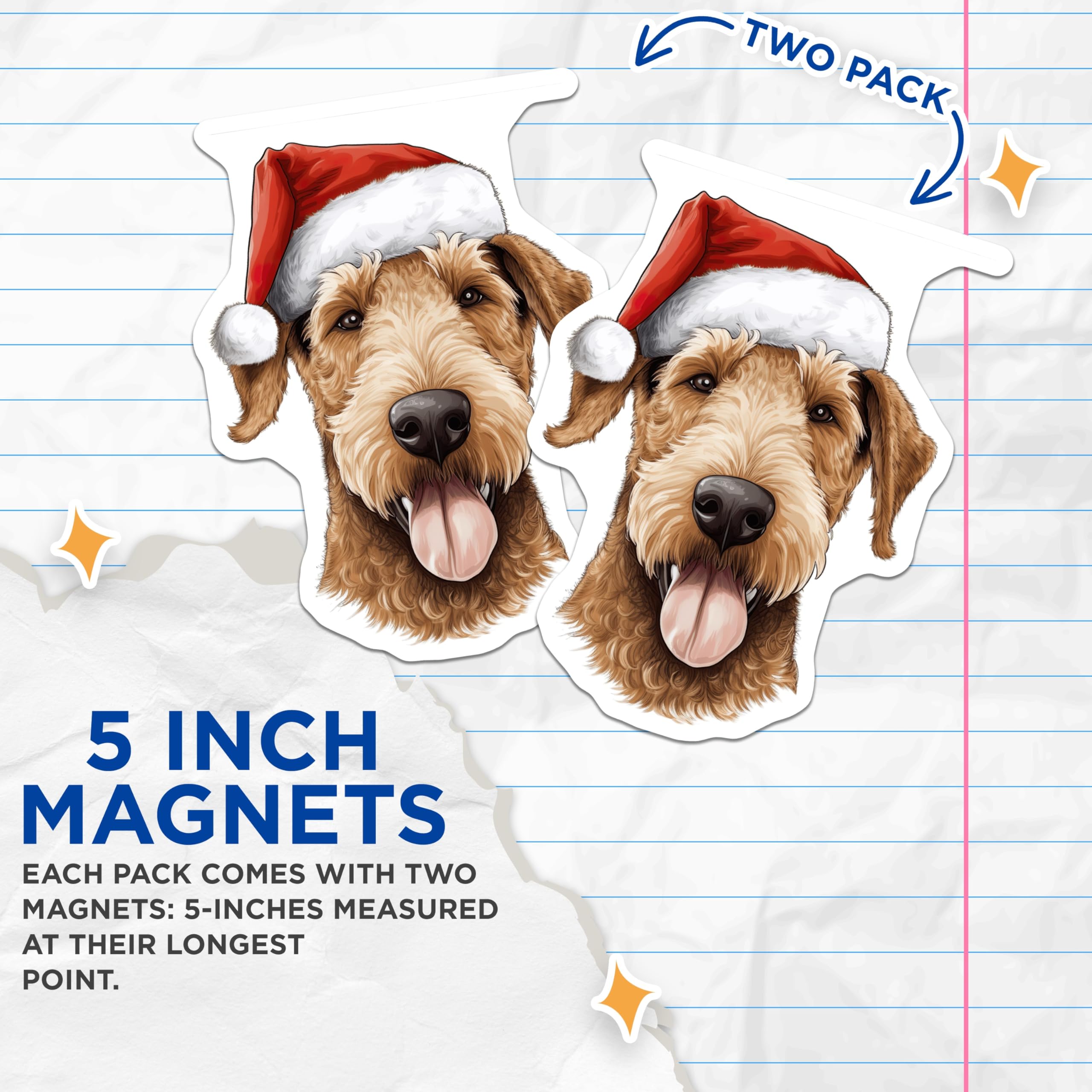(2 Pack) Christmas Airedale Terrier Dog Magnets - Santa Hat Holiday Pet Decor - Festive Animal Refrigerator Locker Display - 5 Inches On Longest Side - Thick Durable Magnet - Made in USA - MAG24699