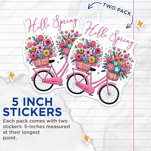 (2 Pack) Hello Spring Stickers - Floral Bike Basket - Springtime Flower Decorations - 5" On Longest Side - Sticks to Smooth Flat Surfaces - Made in USA - BMCS8003