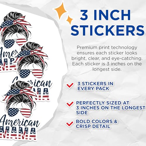 (3 Pack) American Mama Decals - Patriotic Mama - Messy Bun Decals - 3 Inches On Longest Side - Easy Peel & Apply - Made in USA - 3MCS0603
