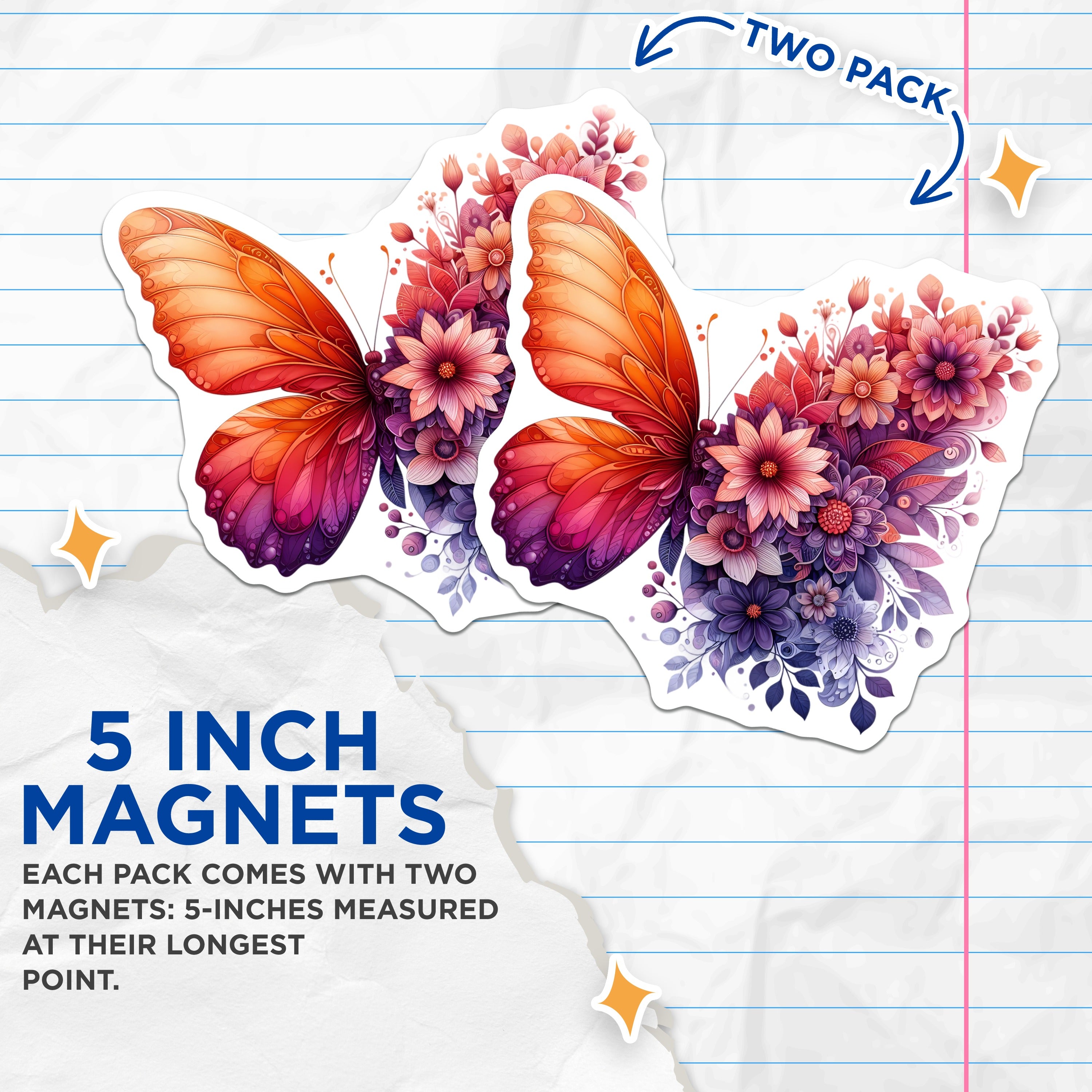 (2 Pack) Floral Butterfly Magnets - Whimsical Flower Refrigerator Decor - Botanical Art Accent - 5 Inches On Longest Side - Thick Durable Magnet - Made in USA - MAG39417