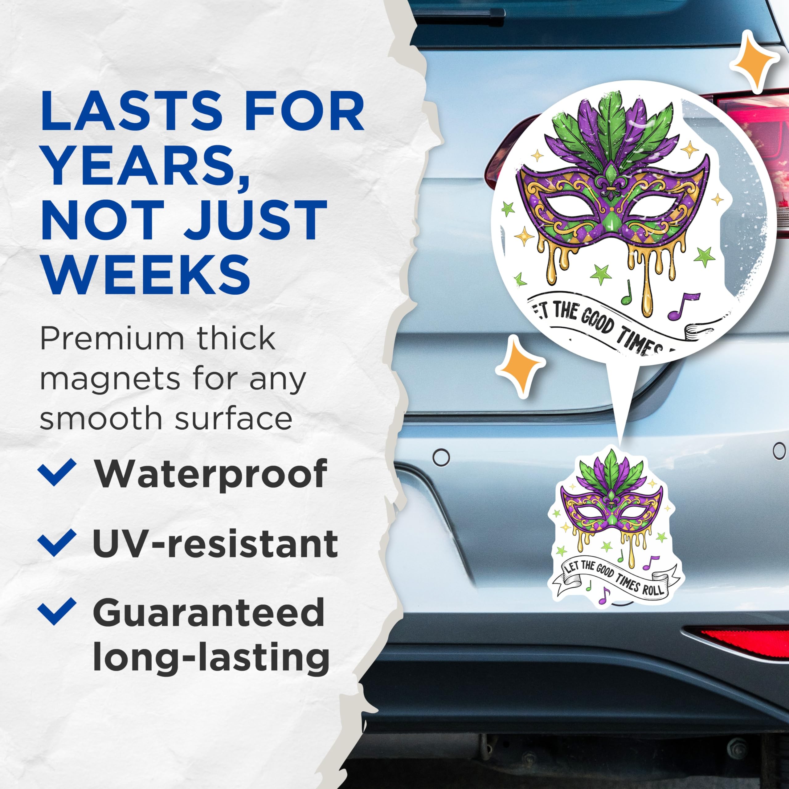 (2 Pack) Mardi Gras Mask Magnets - Let The Good Times Roll - Festive Refrigerator Decor - 5" On Longest Side - Premium Magnet - for Cars, Refrigerators, Toolboxes, Lockers - Made in USA - MAG15119