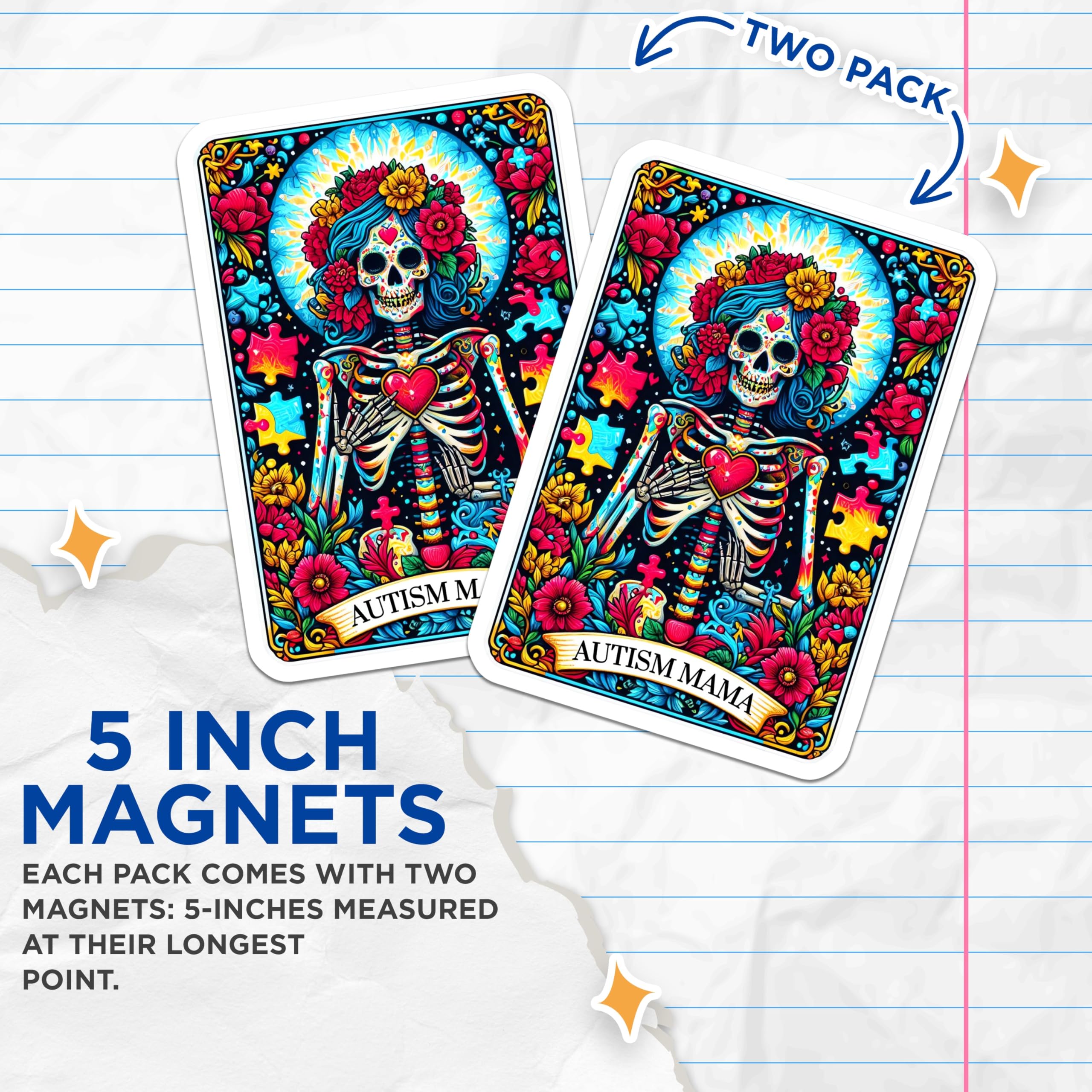 (2 Pack) Autism Mama Magnets - Dia de Los Muertos Skeleton Art - Neurodiversity Awareness Decor - 5 Inches On Longest Side - Thick Durable Magnet - Made in USA - MAG23971