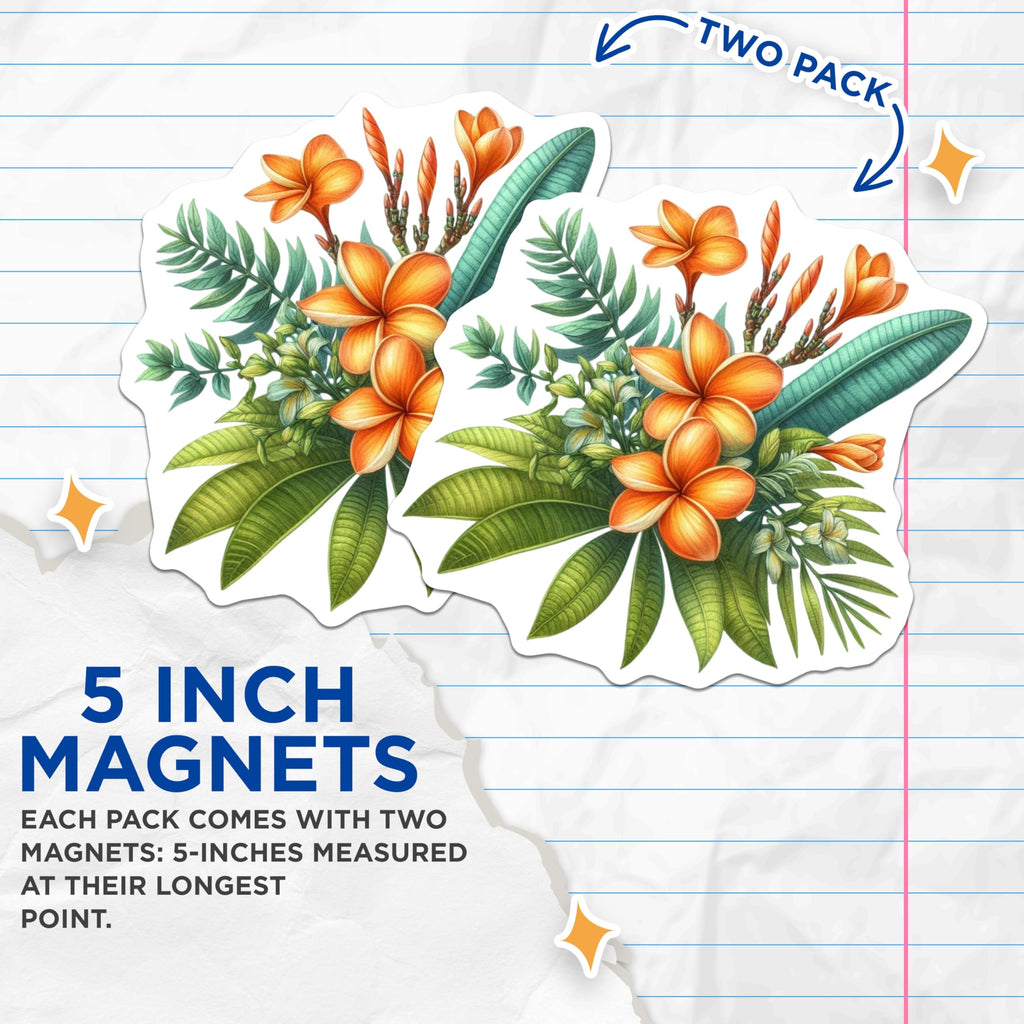 (2 Pack) Plumeria Tropical Flowers Magnets - Exotic Botanical Decor - Vibrant Hawaiian Fridge Art - 5 Inches On Longest Side - Thick Durable Magnet - Made in USA - MAG20750