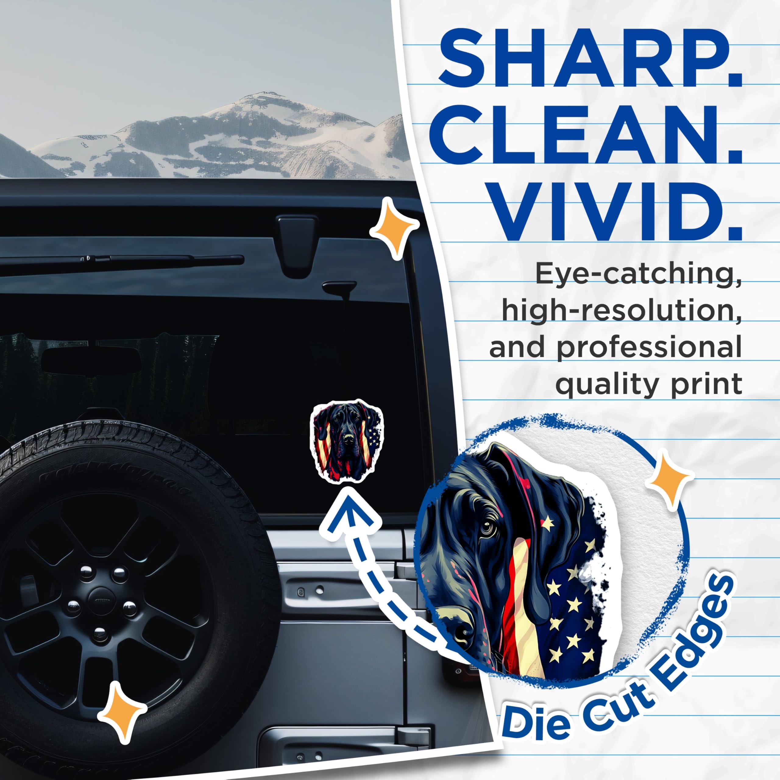 (2 Pack) Patriotic Dog Stickers - Great Dane with American Flag Stickers - Pet Lover Vinyl Decals - 5" On Longest Side - Sticks to Any Smooth Flat Surface - Made in USA - BMCS3542
