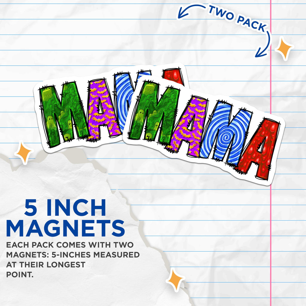 (2 Pack) Spooky Mama Magnets - Halloween Mom Refrigerator Decoration - Vibrant Ghost Bat Candy Slime Art - 5 Inches On Longest Side - Thick Durable Magnet - Made in USA - MAG24675
