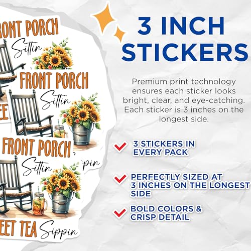 (3 Pack) Front Porch Decals - Sweet Tea Stickers - Rocking Chair Art - 3 Inches On Longest Side - Easy Peel & Apply - Made in USA - 3MCS7062
