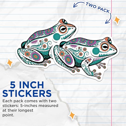 (2 Pack) Colorful Frog Stickers - Day of The Dead Stickers - Artistic Animal Stickers - 5" On Longest Side - Sticks to Smooth Flat Surfaces - Made in USA - BMCS9461