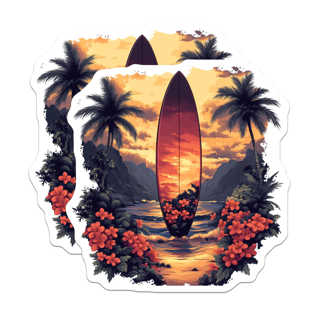 (2 Pack) Tropical Surfboard Magnets - Beach Sunset Scene - Ocean Lover Decor - Hawaiian Paradise Artwork - 5 Inches On Longest Side - Thick Durable Magnet - Made in USA - MAG28664